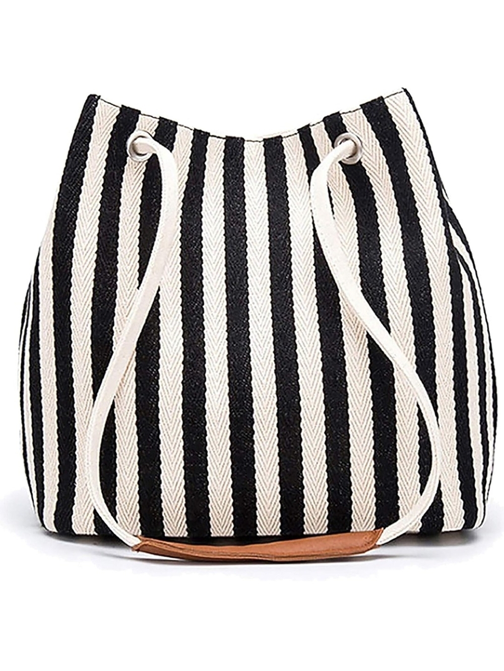 Striped Black & White Drawstring Bucket Bag